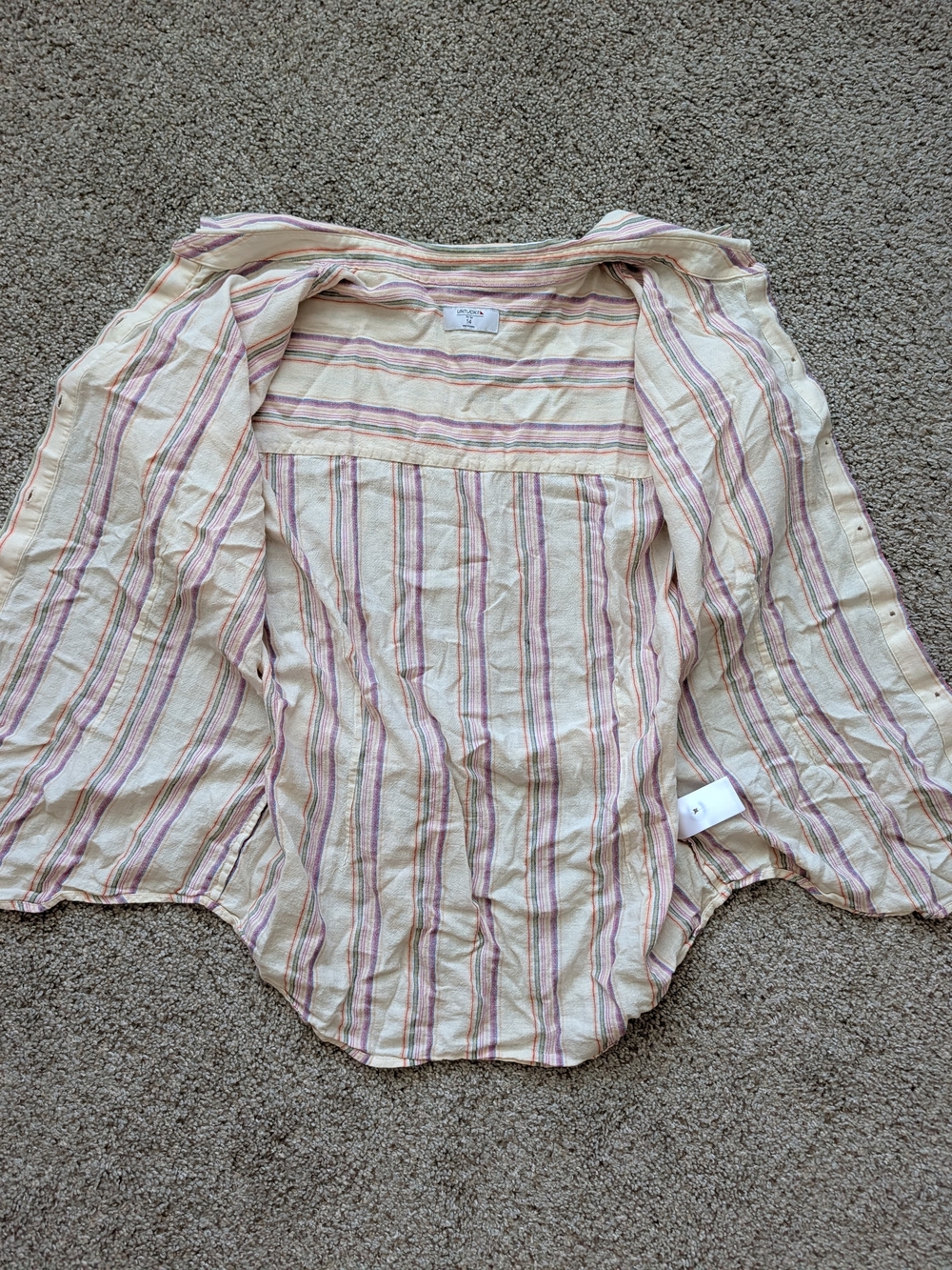 unTuckit for Her Womens Yellow Pink Striped Issa Linen Blend Tie Shirt Size 14 - Picture 3 of 9